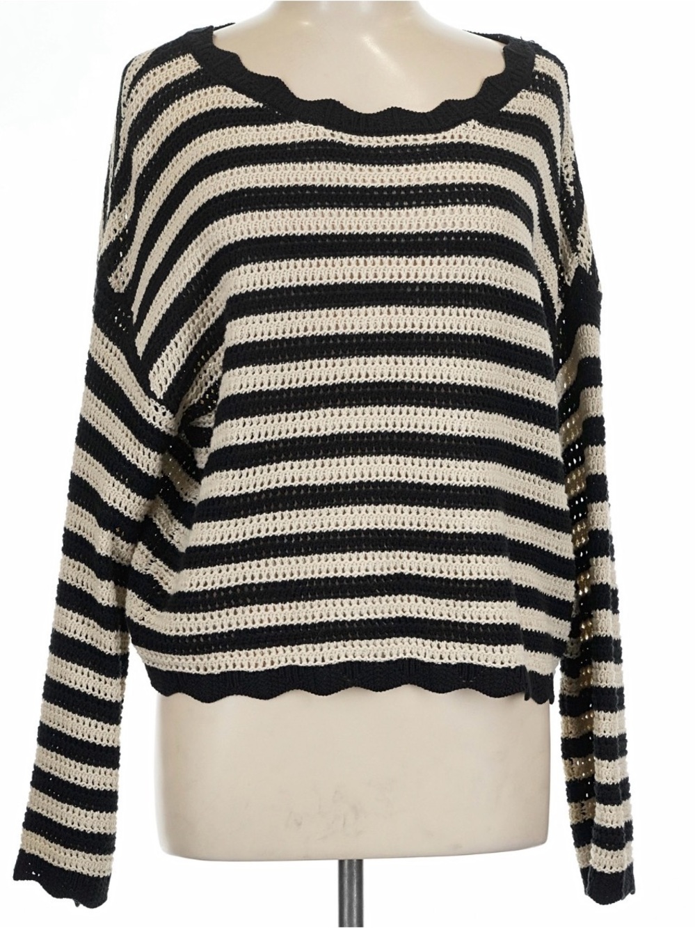 Black & Cream Striped Scoop Neck Knit Sweater - Women